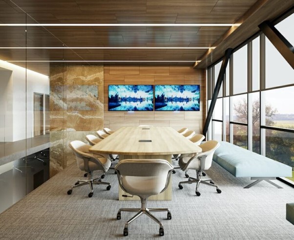 This image depicts a modern executive conference room featuring a light wood table, beige office chairs, wood-paneled walls and ceilings, and large floor-to-ceiling windows.