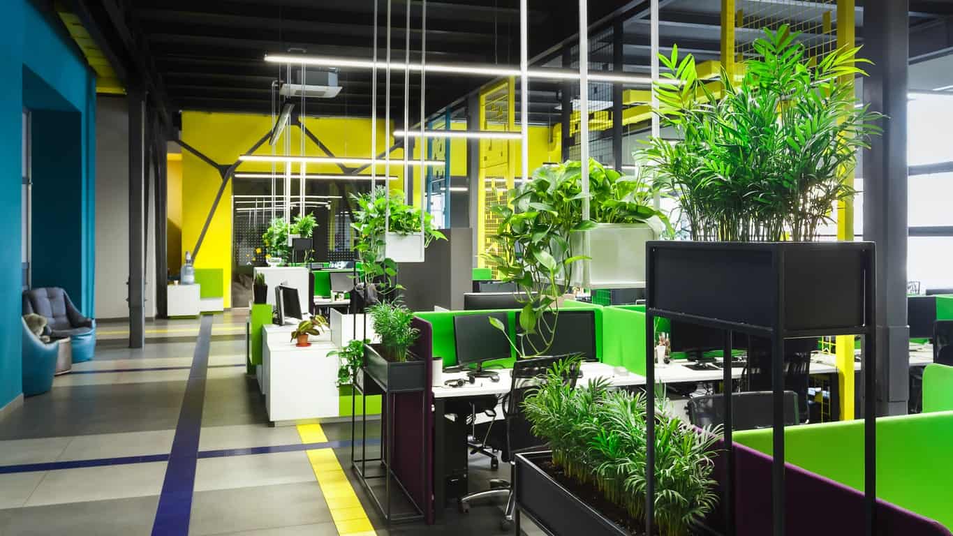 This image shows a vibrant, open-plan office working area featuring white desk cubicles with bright green dividers, industrial black ceilings, bold yellow accent walls, and extensive biophilic integration with numerous indoor plants and hanging greenery.
