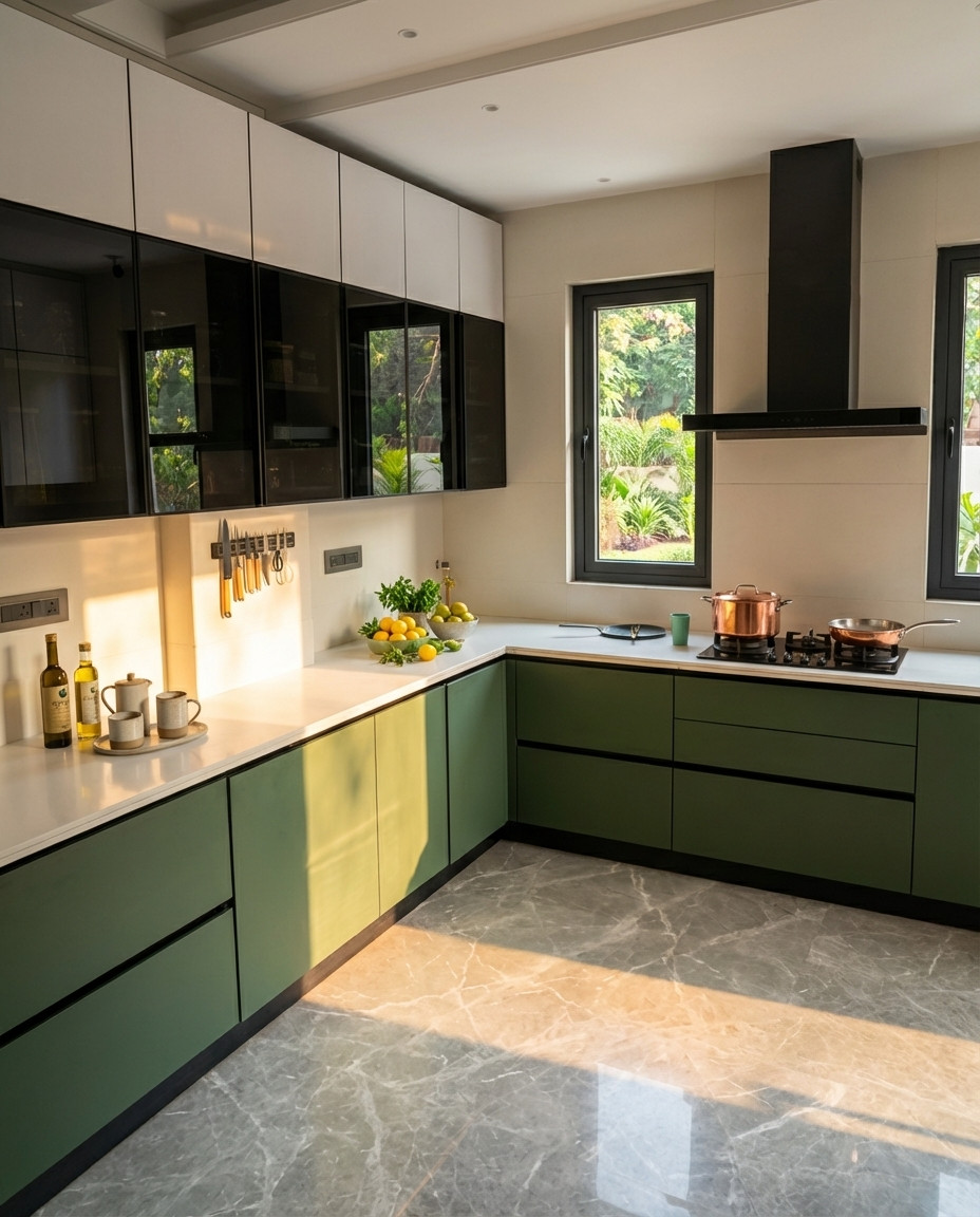 The image displays a modern L-shaped kitchen featuring matte sage green lower cabinets, glossy black overhead units, and a clean white countertop illuminated by natural sunlight.