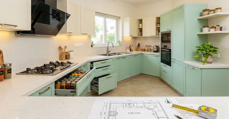 This shows a spacious U-shaped modular kitchen with pastel mint green and off-white cabinetry, featuring open spice drawer organizers, integrated appliances, and a floor plan blueprint layout in the foreground.