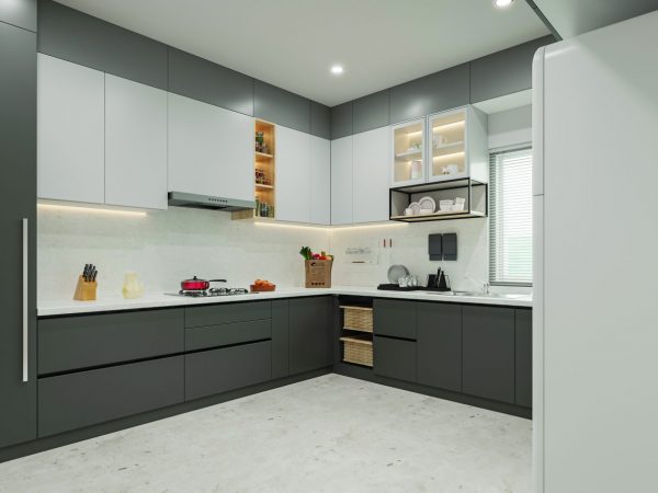 This image presents a contemporary L-shaped modular kitchen featuring charcoal grey lower cabinets, white upper units, built-in wicker storage baskets, and under-cabinet LED task lighting.
