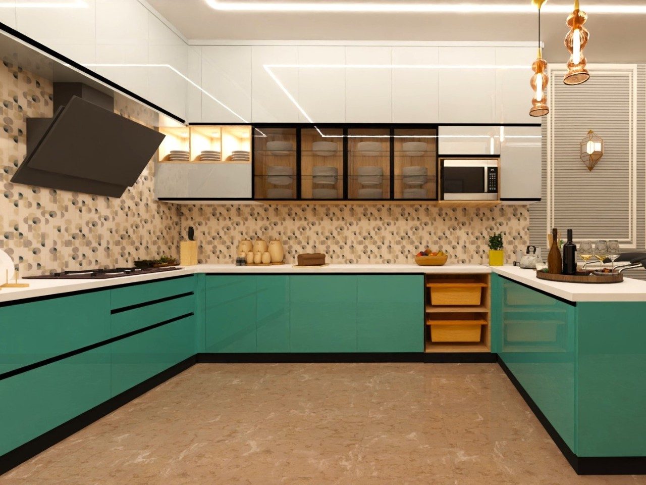 This image shows a vibrant U-shaped modular kitchen featuring glossy turquoise lower cabinetry, a detailed mosaic tile backsplash, glass-front upper storage, and warm pendant lighting.