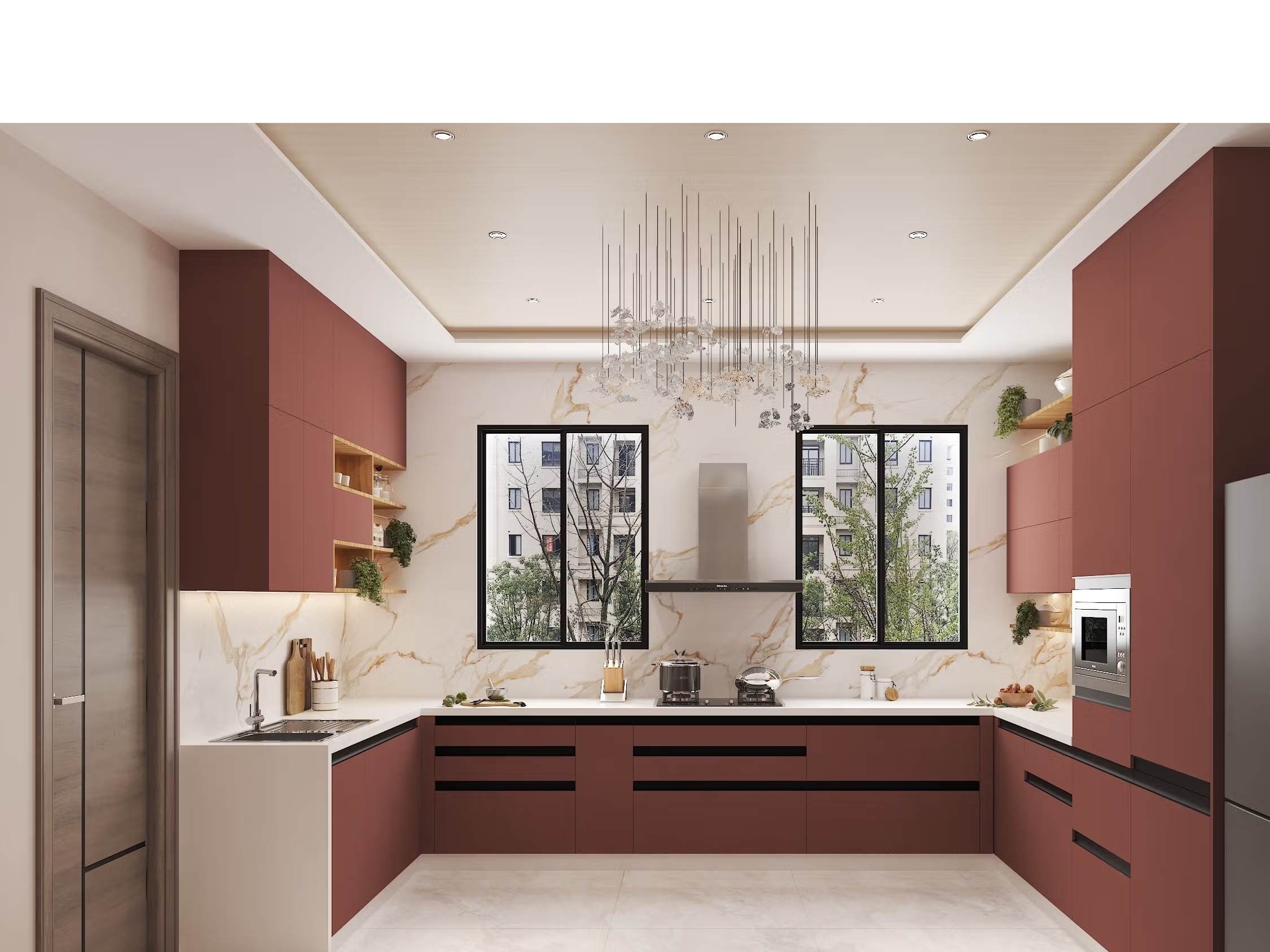 The image shows a vibrant U-shaped modular kitchen featuring glossy turquoise lower cabinetry, a detailed mosaic tile backsplash, glass-front upper storage, and warm pendant lighting.