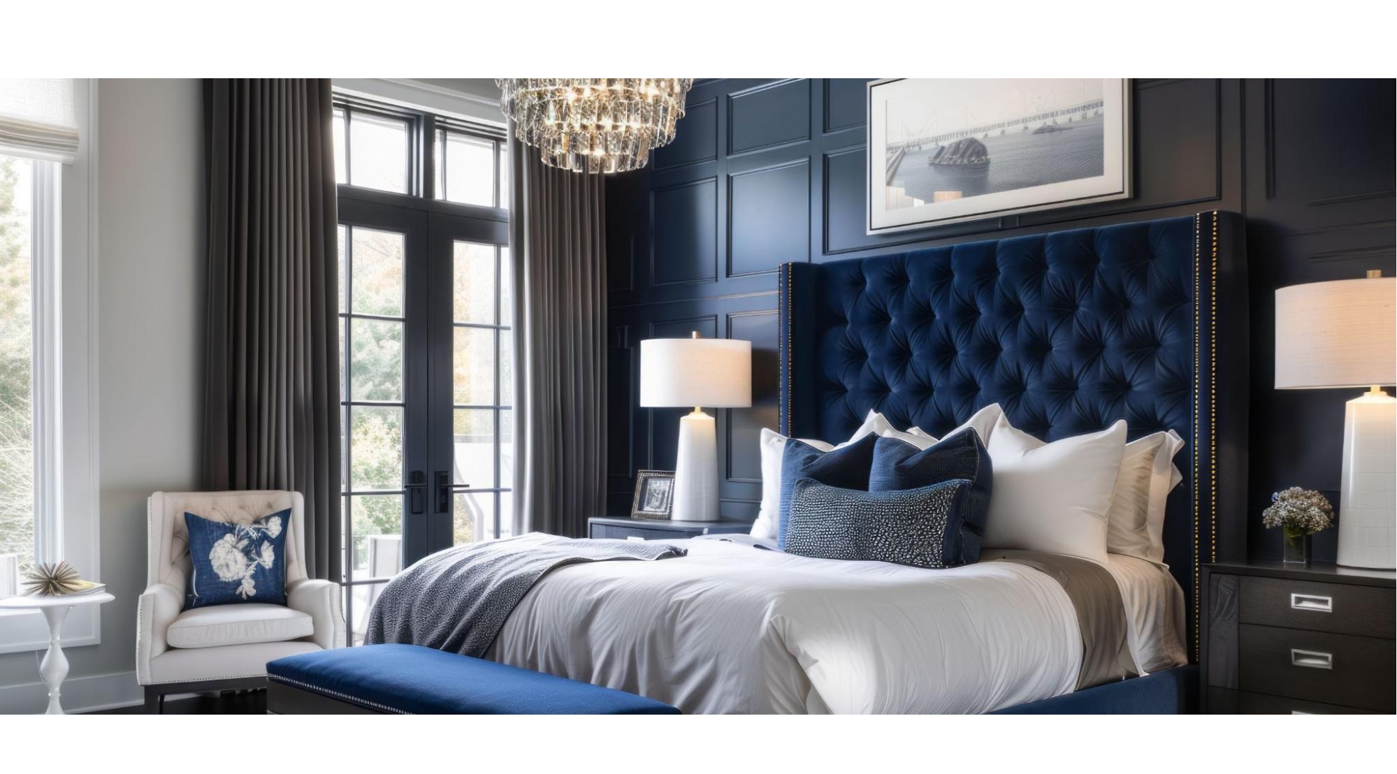 This image displays a luxurious master bedroom featuring a deep blue tufted headboard, matching wood-paneled accent walls, a crystal chandelier, and large glass French doors.