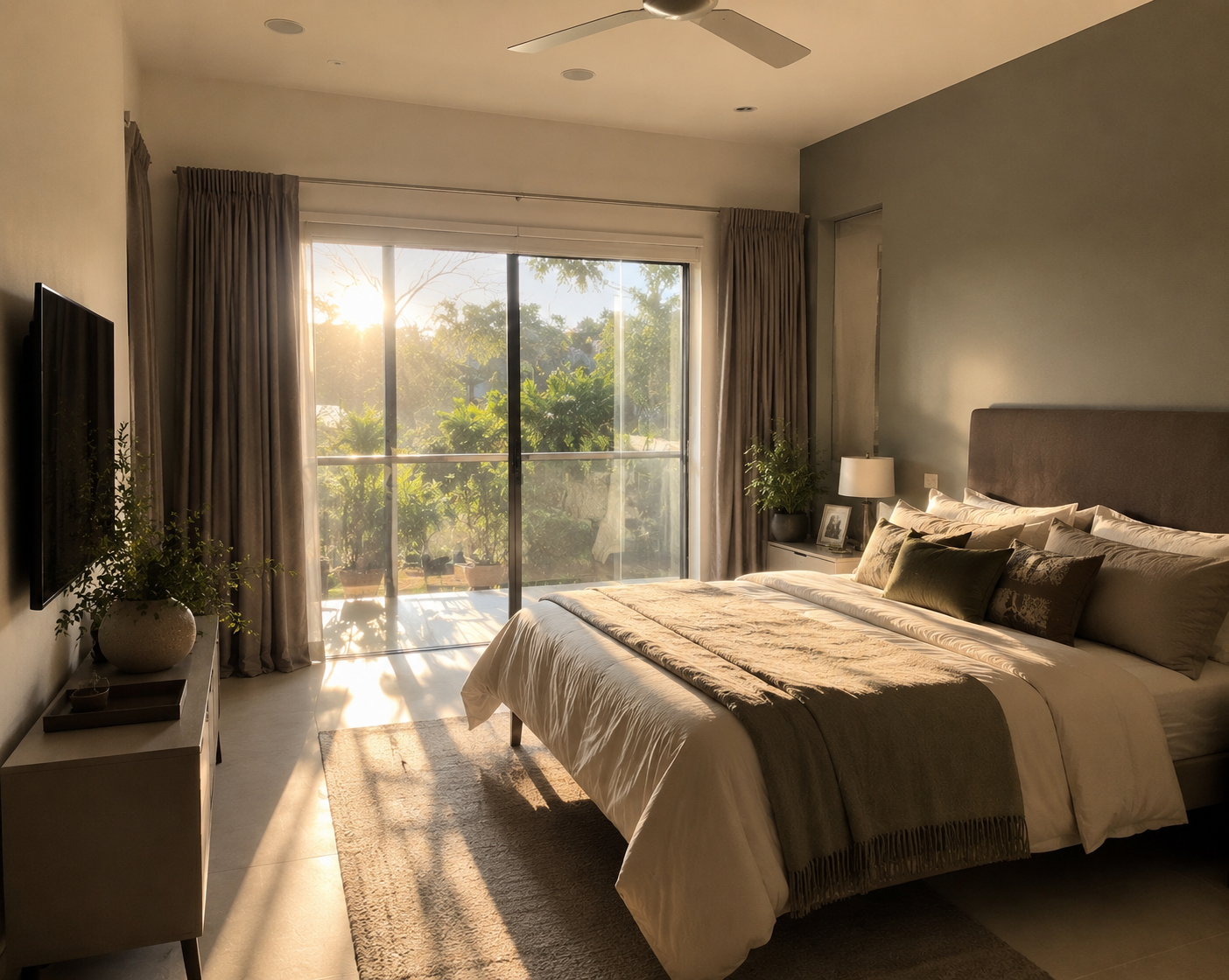This image shows a serene, sunlit bedroom featuring earthy tones, a muted olive-green accent wall, and large sliding glass doors that open to a lush balcony at sunrise.